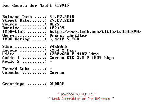 NFO for the release Das.Gesetz.der.Macht.1991.German.720p.BluRay.x264-SPiCY by SPiCY