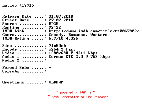 NFO for the release Latigo.1971.German.720p.BluRay.x264-SPiCY by SPiCY