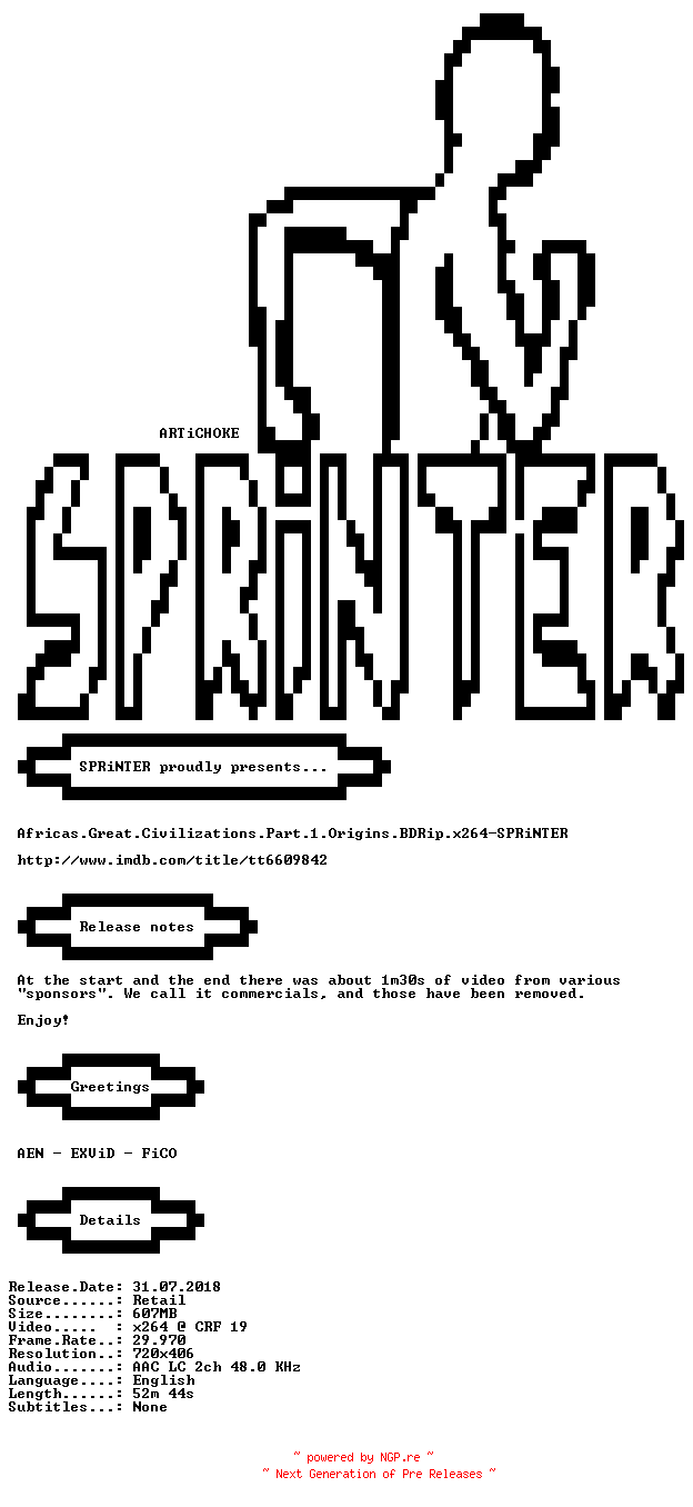 NFO for the release Africas.Great.Civilizations.Part.1.Origins.BDRip.x264-SPRiNTER by SPRiNTER
