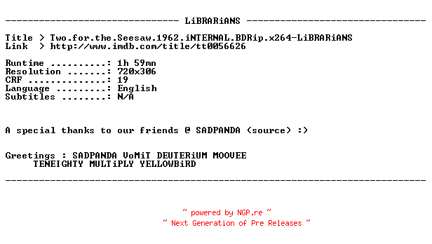 NFO for the release Two.for.the.Seesaw.1962.iNTERNAL.BDRip.x264-LiBRARiANS by LiBRARiANS