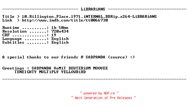 NFO for the release 10.Rillington.Place.1971.iNTERNAL.BDRip.x264-LiBRARiANS by LiBRARiANS