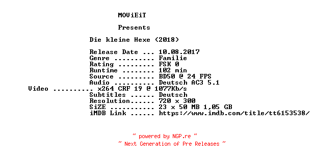 NFO for the release Die.kleine.Hexe.German.2018.BDRiP.x264-MOViEiT by MOViEiT