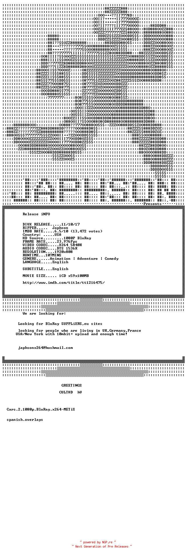 NFO for the release Cars.2.2011.PROPER.720p.BluRay.x264-Japhson by Japhson