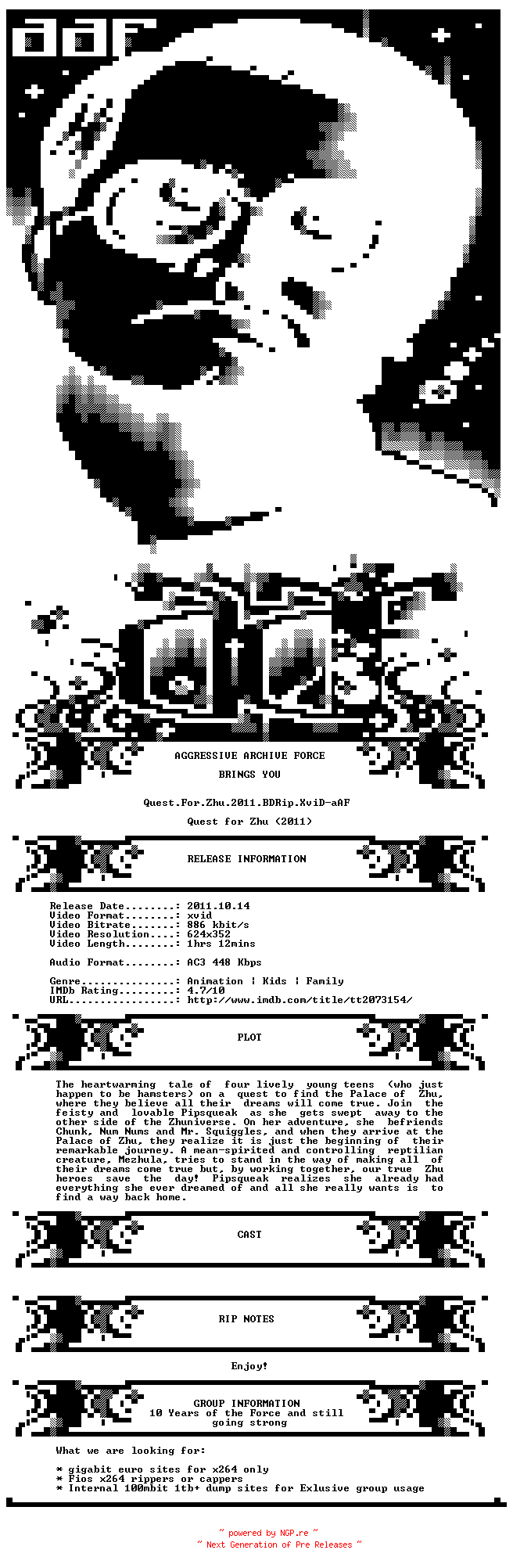 NFO for the release Quest.For.Zhu.2011.BDRip.XviD-aAF by aAF