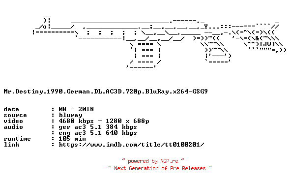 NFO for the release Mr.Destiny.1990.German.DL.AC3D.720p.BluRay.x264-GSG9 by GSG9