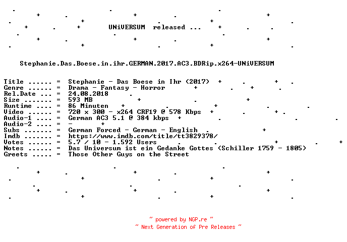 NFO for the release Stephanie.Das.Boese.in.ihr.GERMAN.2017.AC3.BDRip.x264-UNiVERSUM by UNiVERSUM