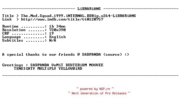 NFO for the release The.Mod.Squad.1999.iNTERNAL.BDRip.x264-LiBRARiANS by LiBRARiANS