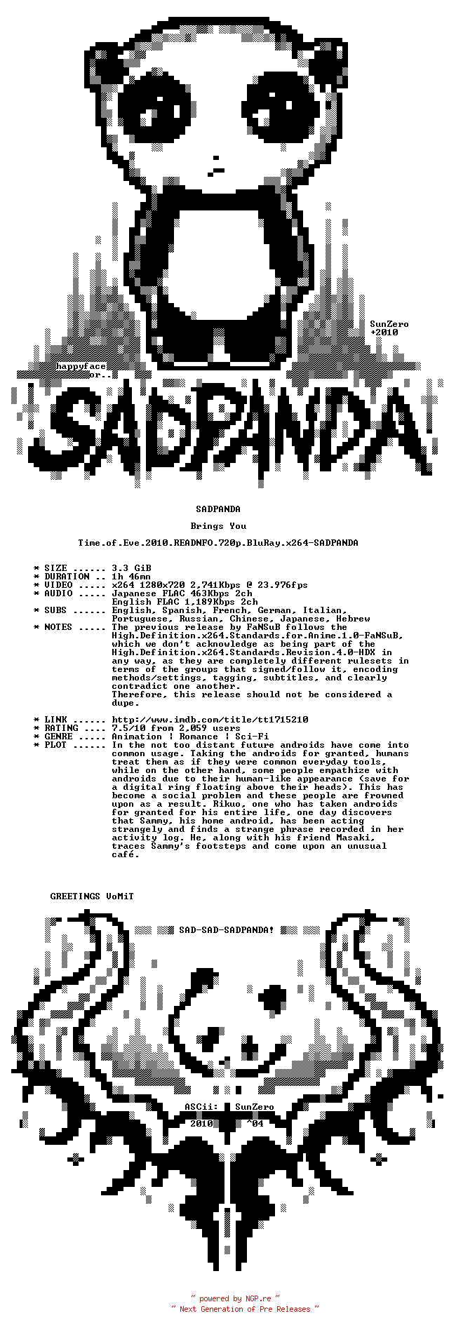 NFO for the release Time.of.Eve.2010.READNFO.720p.BluRay.x264-SADPANDA by SADPANDA