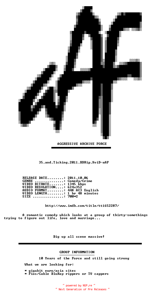 NFO for the release 35.and.Ticking.2011.BDRip.XviD-aAF by aAF