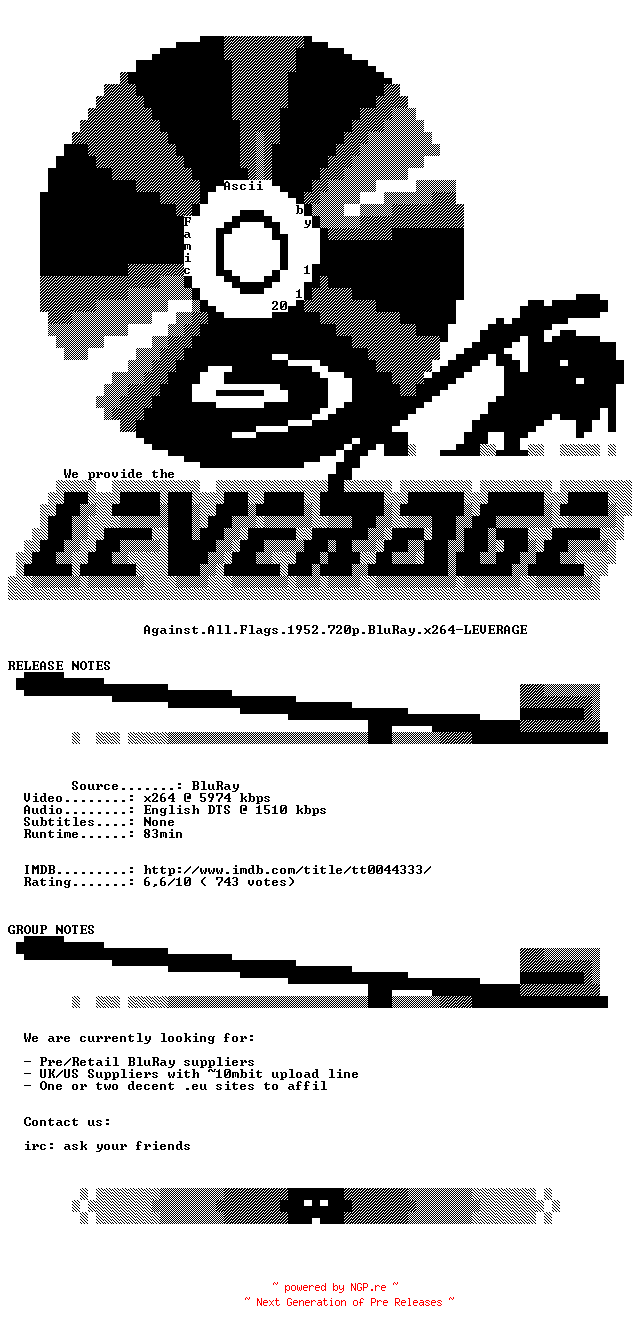 NFO for the release Against.All.Flags.1952.720p.BluRay.x264-LEVERAGE by LEVERAGE