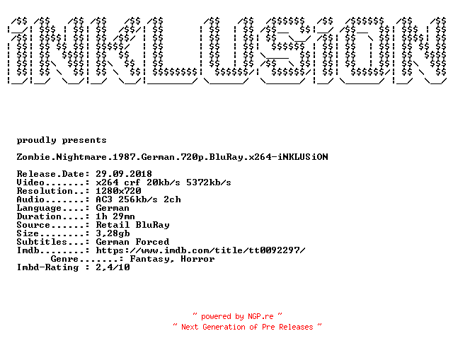 NFO for the release Zombie.Nightmare.1987.German.720p.BluRay.x264-iNKLUSiON by iNKLUSiON