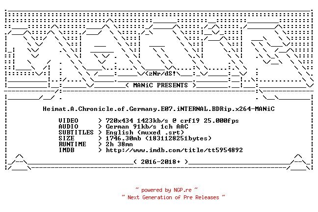 NFO for the release Heimat.A.Chronicle.of.Germany.E07.iNTERNAL.BDRip.x264-MANiC by MANiC
