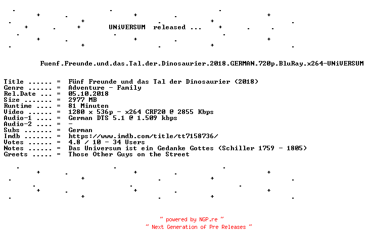 NFO for the release Fuenf.Freunde.und.das.Tal.der.Dinosaurier.2018.GERMAN.720p.BluRay.x264-UNiVERSUM by UNiVERSUM