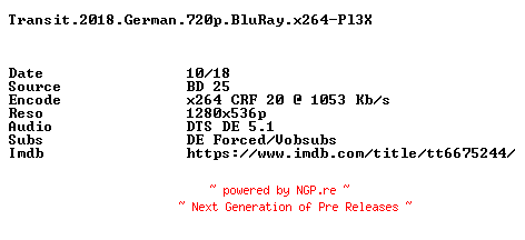 NFO for the release Transit.2018.German.720p.BluRay.x264-Pl3X by Pl3X