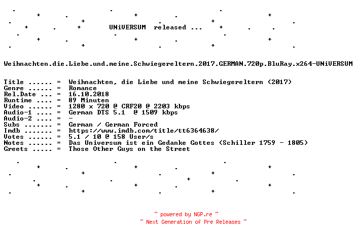 NFO for the release Weihnachten.die.Liebe.und.meine.Schwiegereltern.2017.GERMAN.720p.BluRay.x264-UNiVERSUM by UNiVERSUM