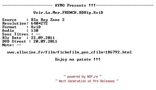 NFO for the release Voir.La.Mer.FRENCH.BDRip.XviD-AYMO by AYMO