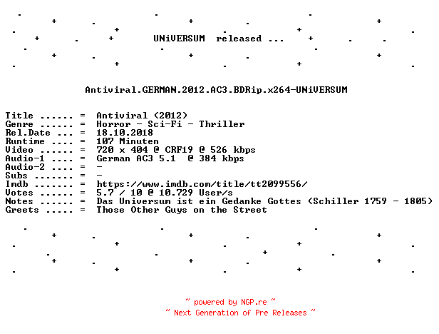 NFO for the release Antiviral.GERMAN.2012.AC3.BDRip.x264-UNiVERSUM by UNiVERSUM