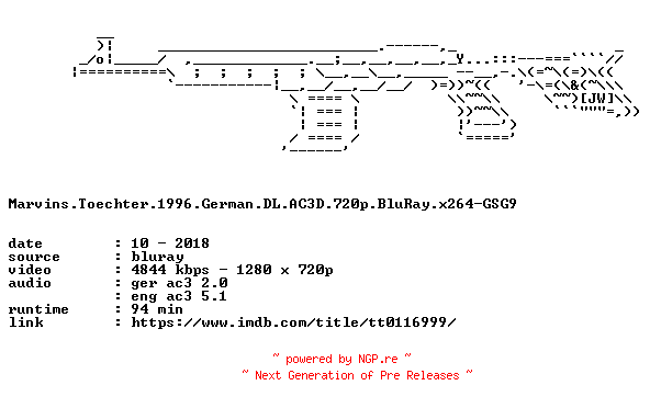 NFO for the release Marvins.Toechter.1996.German.DL.AC3D.720p.BluRay.x264-GSG9 by GSG9