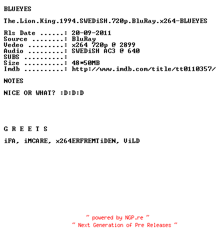 NFO for the release The.Lion.King.1994.SWEDiSH.720p.BluRay.x264-BLUEYES by BLUEYES