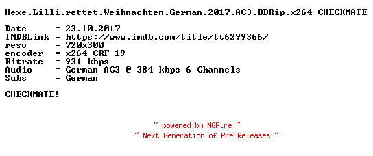 NFO for the release Hexe.Lilli.rettet.Weihnachten.German.2017.AC3.BDRip.x264-CHECKMATE by CHECKMATE