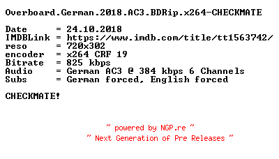 NFO for the release Overboard.German.2018.AC3.BDRip.x264-CHECKMATE by CHECKMATE