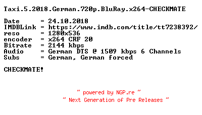 NFO for the release Taxi.5.2018.German.720p.BluRay.x264-CHECKMATE by CHECKMATE
