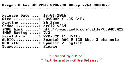 NFO for the release Virgen.A.Los.40.2005.SPANiSH.BDRip.x264-SANGRiA by SANGRiA