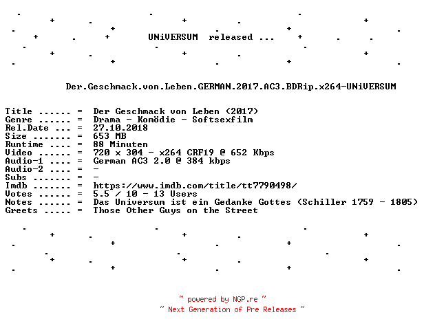 NFO for the release Der.Geschmack.von.Leben.GERMAN.2017.AC3.BDRip.x264-UNiVERSUM by UNiVERSUM