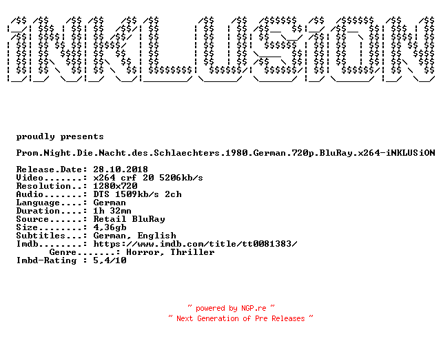 NFO for the release Prom.Night.Die.Nacht.des.Schlaechters.1980.German.720p.BluRay.x264-iNKLUSiON by iNKLUSiON