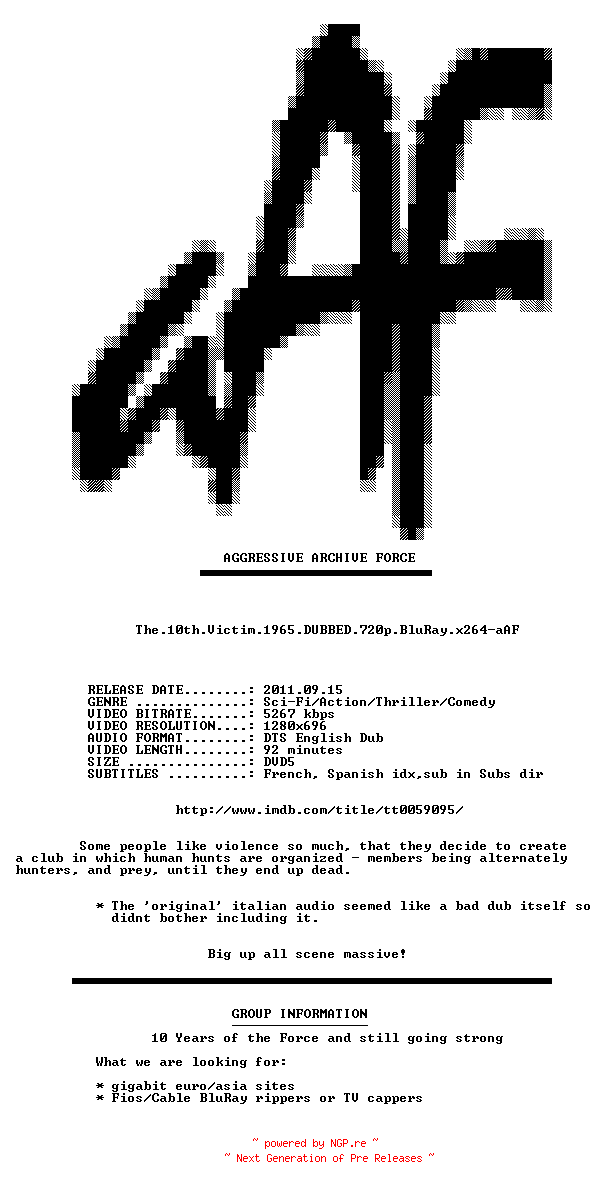 NFO for the release The.10th.Victim.1965.DUBBED.720p.BluRay.x264-aAF by aAF