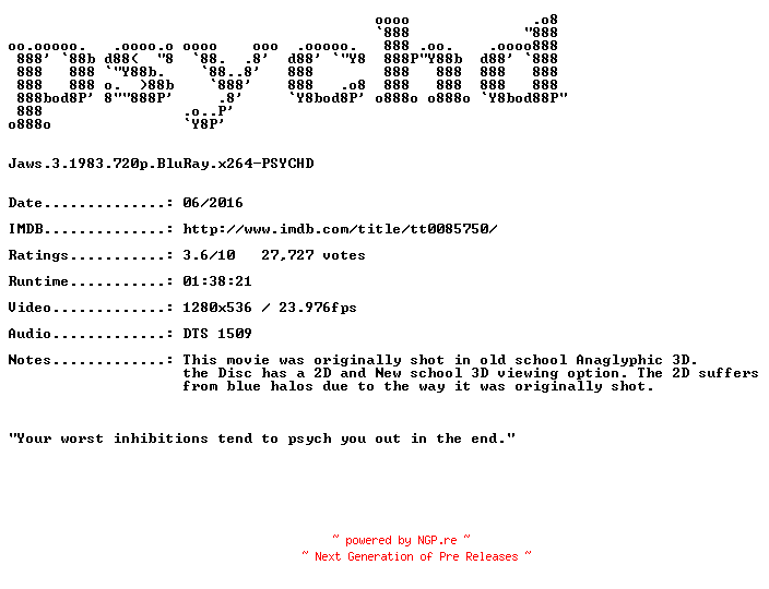 NFO for the release Jaws.3.1983.720p.BluRay.x264-PSYCHD by PSYCHD