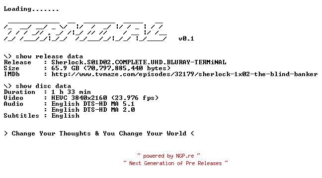 NFO for the release Sherlock.S01D02.COMPLETE.UHD.BLURAY-TERMiNAL by TERMiNAL
