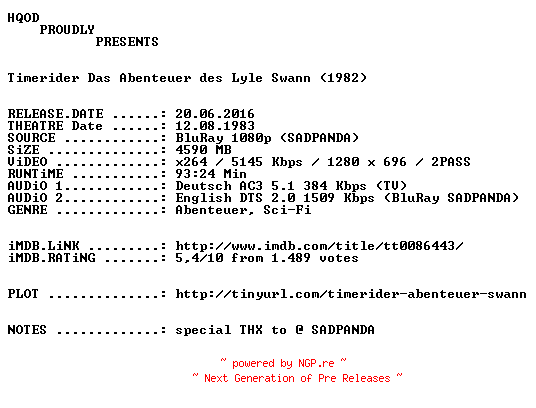 NFO for the release Timerider.Das.Abenteuer.des.Lyle.Swann.1982.German.AC3D.720p.BluRay.x264-HQOD by HQOD