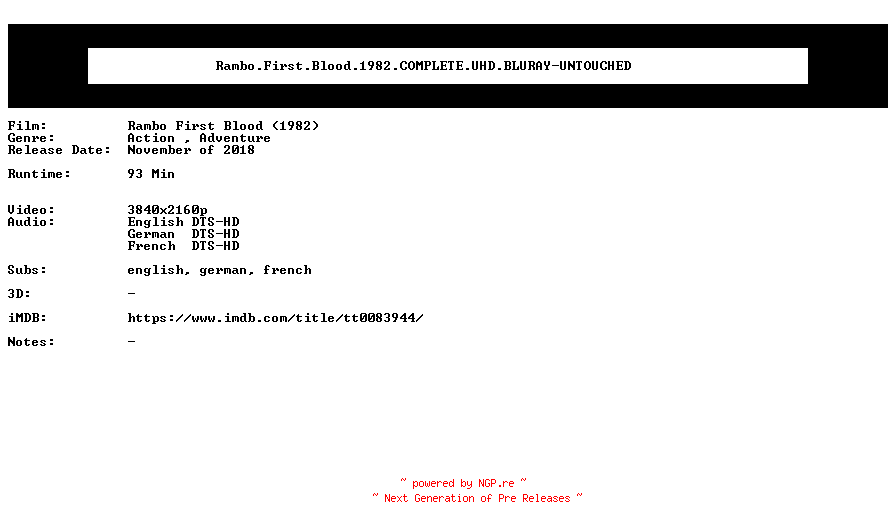 NFO for the release Rambo.First.Blood.1982.COMPLETE.UHD.BLURAY-UNTOUCHED by UNTOUCHED