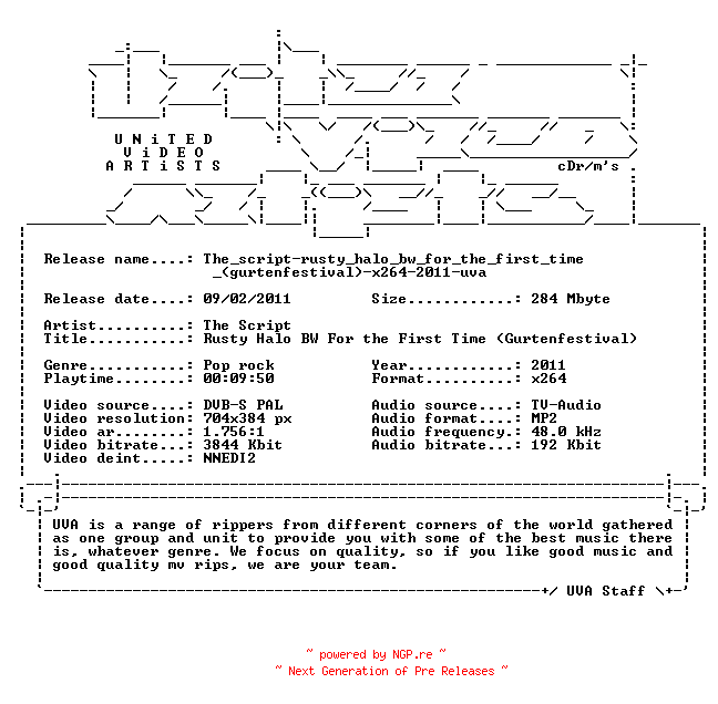 NFO for the release The_script-rusty_halo_bw_for_the_first_time_(gurtenfestival)-x264-2011-uva by uva
