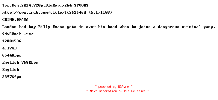 NFO for the release Top.Dog.2014.720p.BluRay.x264-SPOOKS by SPOOKS