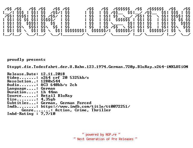 NFO for the release Stoppt.die.Todesfahrt.der.U.Bahn.123.1974.German.720p.BluRay.x264-iNKLUSiON by iNKLUSiON