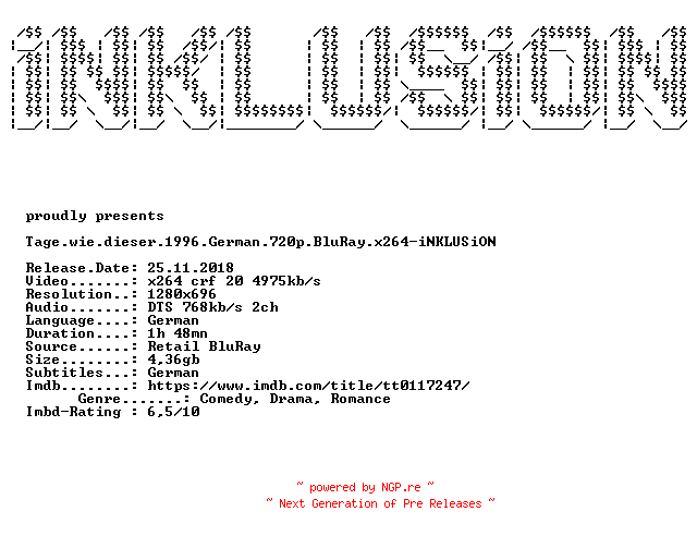 NFO for the release Tage.wie.dieser.1996.German.720p.BluRay.x264-iNKLUSiON by iNKLUSiON
