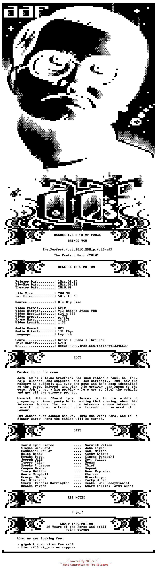 NFO for the release The.Perfect.Host.2010.BDRip.XviD-aAF by aAF