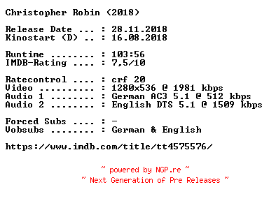 NFO for the release Christopher.Robin.2018.German.DL.720p.BluRay.x264-COiNCiDENCE by COiNCiDENCE
