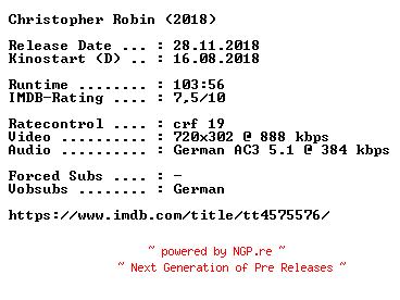 NFO for the release Christopher.Robin.German.2018.AC3.BDRip.x264-COiNCiDENCE by COiNCiDENCE