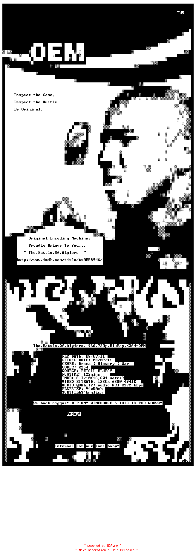 NFO for the release The.Battle.Of.Algiers.1966.720p.BluRay.X264-OEM by OEM