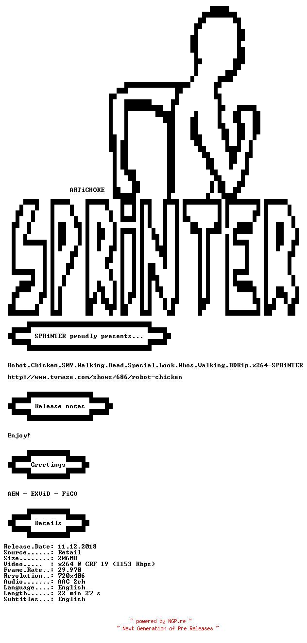 NFO for the release Robot.Chicken.S09.Walking.Dead.Special.Look.Whos.Walking.BDRip.x264-SPRiNTER by SPRiNTER