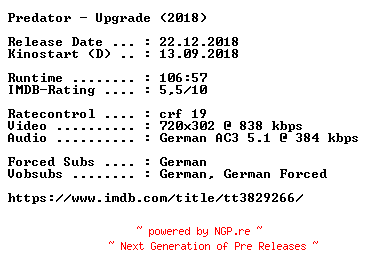 NFO for the release Predator.Upgrade.German.2018.AC3.BDRip.x264-COiNCiDENCE by COiNCiDENCE