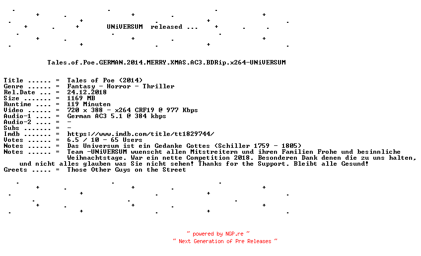 NFO for the release Tales.of.Poe.GERMAN.2014.MERRY.XMAS.AC3.BDRip.x264-UNiVERSUM by UNiVERSUM