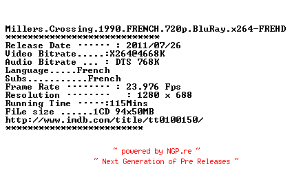 NFO for the release Millers.Crossing.1990.FRENCH.720p.BluRay.x264-FREHD by FREHD