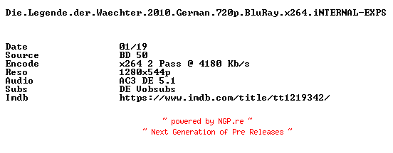 NFO for the release Die.Legende.der.Waechter.2010.German.720p.BluRay.x264.iNTERNAL-EXPS by EXPS