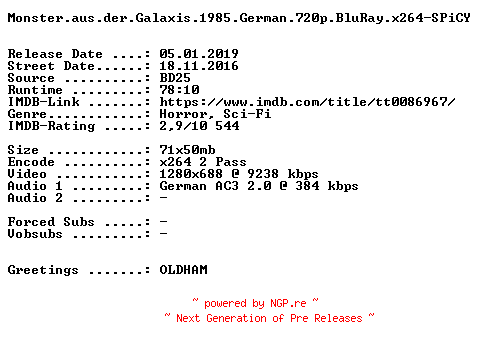 NFO for the release Monster.aus.der.Galaxis.1985.German.720p.BluRay.x264-SPiCY by SPiCY