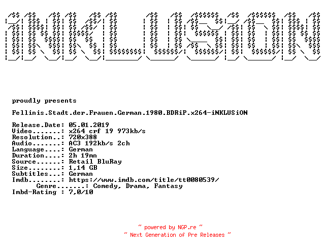 NFO for the release Fellinis.Stadt.der.Frauen.German.1980.BDRiP.x264-iNKLUSiON by iNKLUSiON