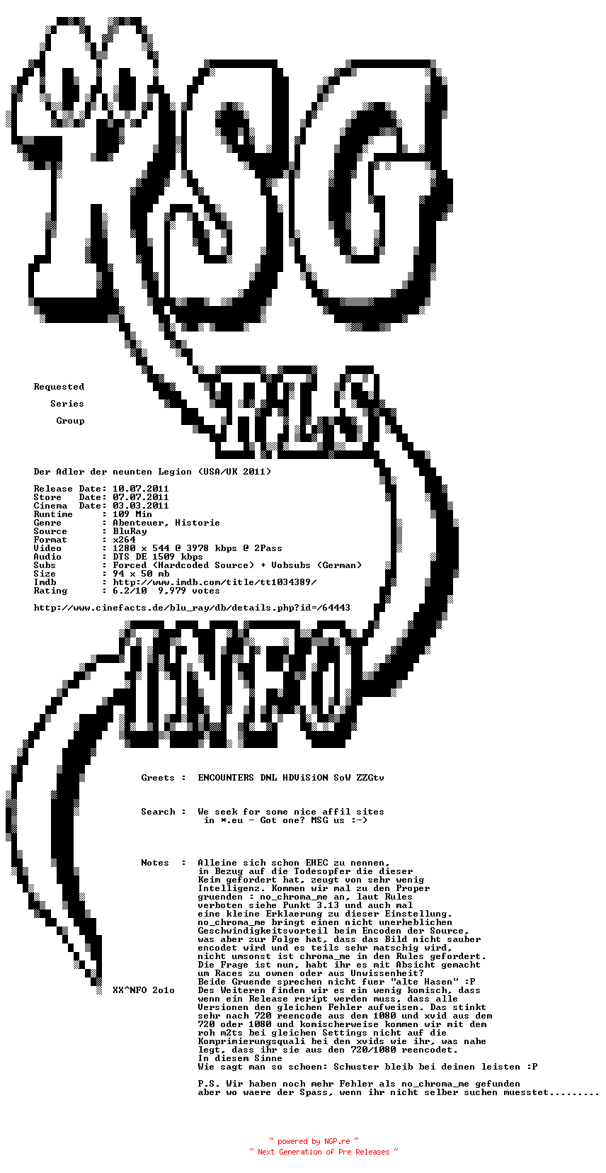 NFO for the release Der.Adler.der.neunten.Legion.German.720p.BluRay.x264.PROPER-RSG by RSG